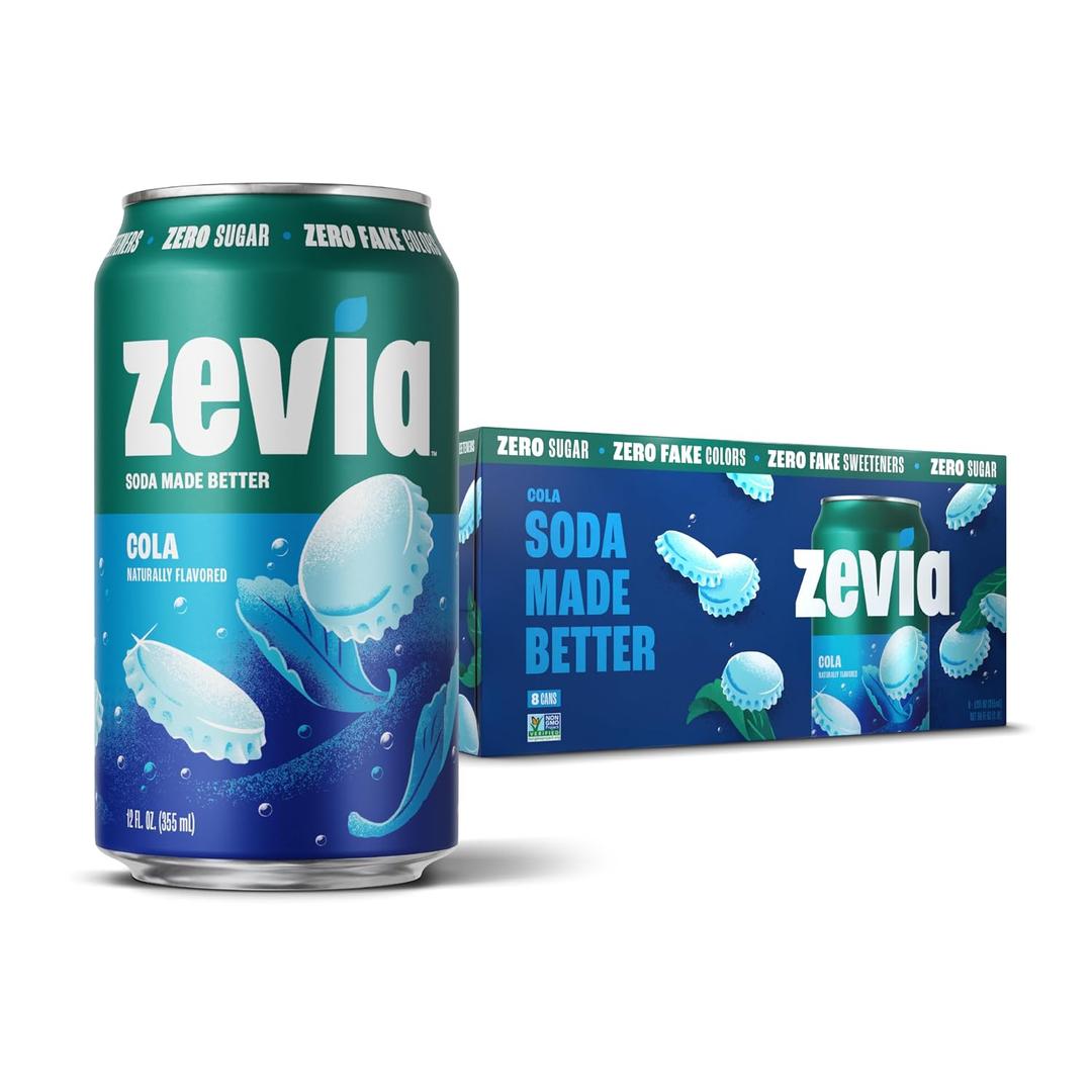 Zevia Zero Sugar Soda, Cola, 12 oz Cans (8-Pack) Naturally Sweetened, Non-GMO Project Verified, Gluten-Free, Vegan (EXP 09/09/27)