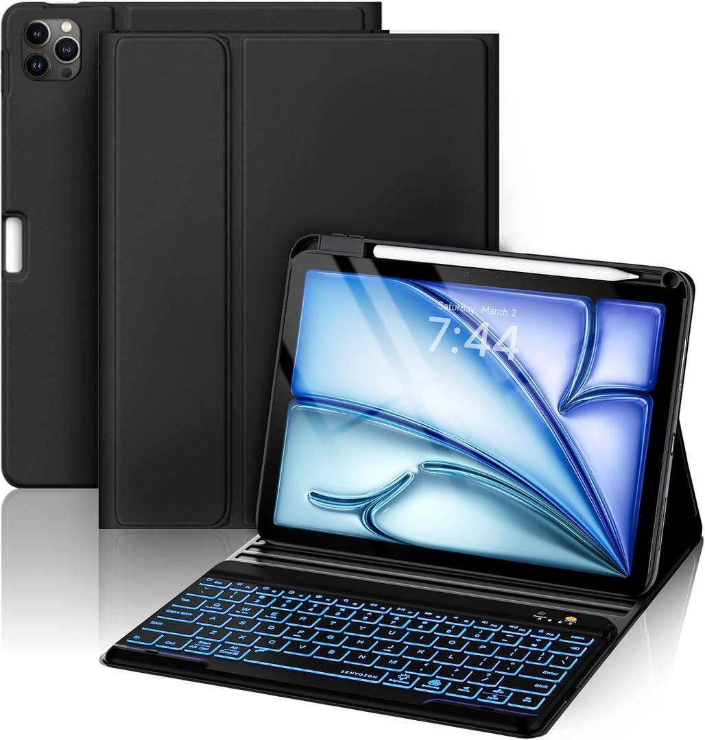 Compatible with iPad Air 11 inch M2/ 10.9'' Air 5th 4th/ Pro 11 4th/3rd/2nd/1st Gen Case with Keyboard - 7-Color Backlit Wireless Detachable Folio Cover with Pencil Holder for iPad Air 6/5/4 - Black (Classic style)