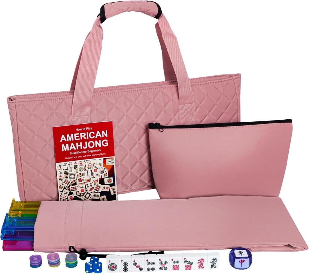 American Mahjong Set with Storage Bag, 166 White Tiles, 4 All-in-One Rack/Pushers, Mahjong Tiles Set (Ma Jong, Mah-Jongg, Majiang) (Nude Pink)