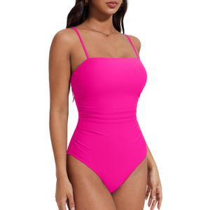 SUUKSESS Women Sexy One Piece Swimsuit Tummy Control Square Neck Bathing Suit (Pink, S)
