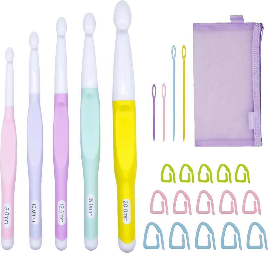Araeknotta Large Crochet Hooks Set with Stitch Markers, Yarn Needles, Purple Pouch - 5 Sizes (8mm, 10mm, 12mm, 15mm, 20mm) - Ergonomic Plastic Crochet Hooks for Chunky Blanket Yarn