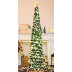 HMASYO 5 FT Pop Up Christmas Tree with Timer Lights, Tinsel Christmas Tree with Snowflake Ornaments, Collapsible Artificial Pencil Tree Xmas Decoration for Home, Office, Party, Easy Assembly (Peacock Green)