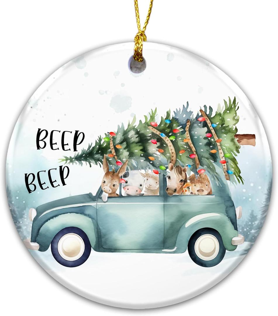 Animal Car Ornament 2025, Farmer Ornament Cute Woodland Animals in Car with Christmas Tree  Watercolor Kids Christmas Ornament  Holiday Keepsake Gift for Family, Children, Animal Lovers, Teachers