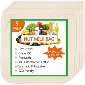 5 Pack Nut Milk Bag 15"x15", Cheesecloth bags for Straining Reusable, 100% Unbleached Cotton Cloth, Almond/Oat/Soy Milk Strainer, Filter Bag for Cheese/Yogurt/Juice/Cold Brew Coffee Wine/Soup