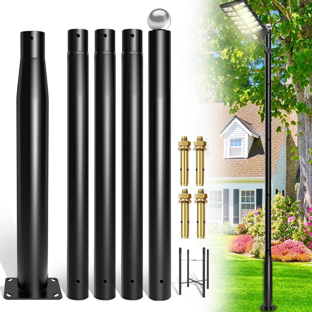 Street Light Pole 16 Ft, Outdoor Adjustable Metal Street Lamp Post for Solar Lights, Heavy Duty Exterior Lighting Pole with Rebar Cage for Backyard, Parking Lot, Patio