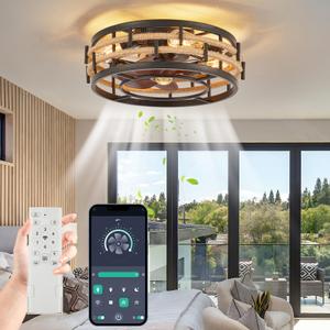 18" Caged Ceiling Fan with Lights Remote Control, Rustic Flush Mount Ceiling Fan with Reversible Motor, 6 Speeds Farmhouse Boho Low Profile Ceiling Fans for Bedroom Kitchen