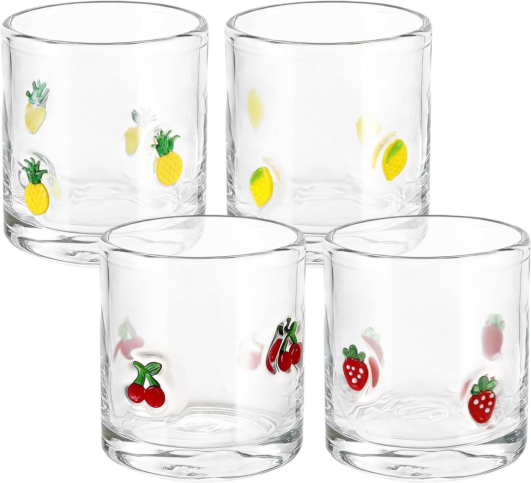 4 Pcs Fruit Icon Juice Glasses 14oz Cute Pattern Stemless Wine Glass for Summer Fruit Party Birthday Gift
