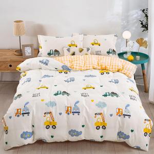 Kids Duvet Cover Set Twin, Cotton Cartoon Car Truck Bedding Set for Boys Girls, 2 Pieces Soft Breathable White Yellow Plaid Reversible Comforter Cover Set (1 Duvet Cover+1 Pillowcase)