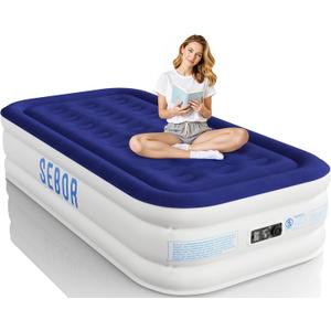 Sebor Air Mattress Twin with Built-in Pump 18", Comfortable Self-Inflating Air Mattress with High-Speed Pump, Durable Blow Up Mattress Twin with Storage Bag for Guests, Camping, Travel (Blue)