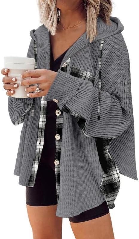 SHEWIN Womens Waffle Knit Plaid Shacket Boyfriend Button Down Shirt Hooded Jacket Loose Long Sleeve Tops (Medium)