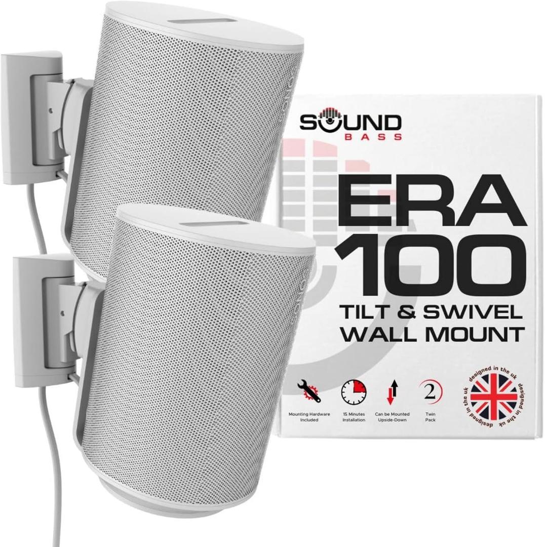 Sound Bass ERA 100 Wall Mount Bracket, Tilt and Swivel, White, Twin (2pcs), Compatible with Sonos ERA100 & ERA 100 SL, Effortless Installation, Includes Mounting Kit, Double, Pair