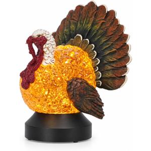 Thanksgiving Turkey Snow Globe Lantern, Lighted Fall Tabletop Decoration with Swirling Glitter, Battery & USB Powered Resin Turkey Decor with Timer for Home, Mantel and Harvest Table