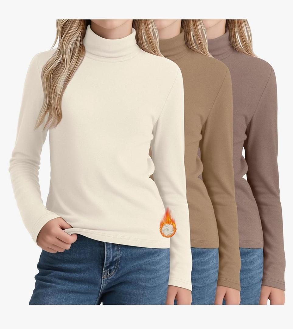 3 Pack Girls Turtleneck T Shirt, Fleece Mock Neck Thermal Tops Long Sleeve Kids Sweater Soft Base Layer Undershirt, 9-10Y