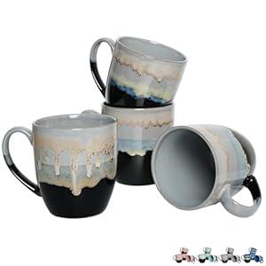 Bosmarlin Ceramic Coffee Mug Set of 4, 17 Oz, Coffee Cups with Big Handle, Microwave Safe, Unique Reactive Glaze (17 Oz, Grey)