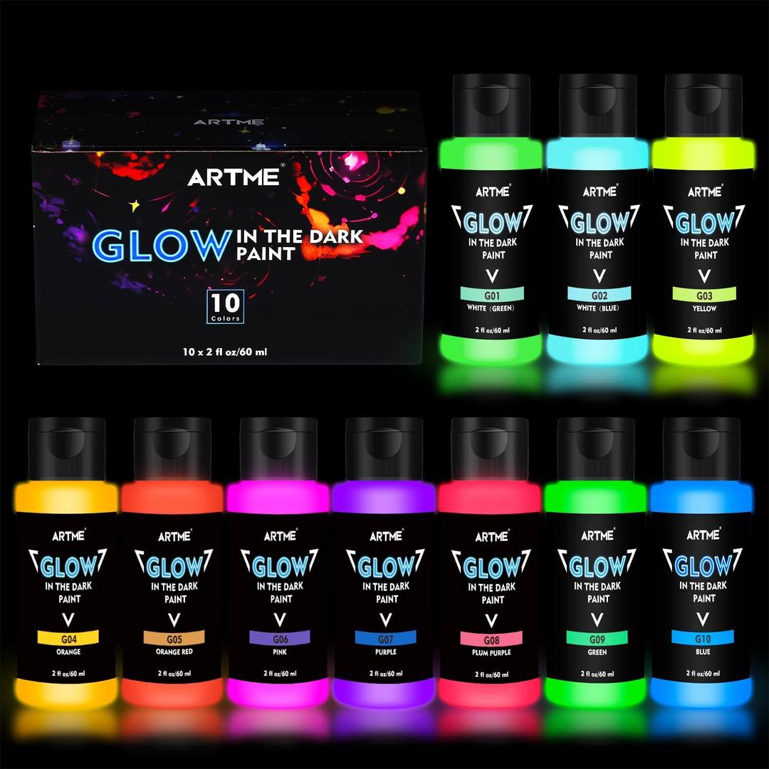 ARTME Glow in The Dark Paint, 10 Bright Colors 60ml/2oz Blacklight Paint Set, Neon Craft Paint, Acrylic Glow Paint Perfect for Art Painting, DIY projects, Halloween and Christmas Decoration
