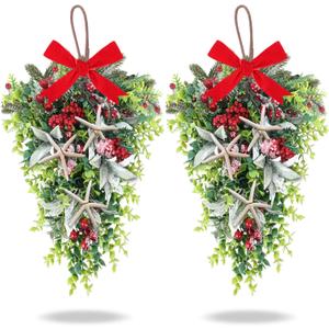 2 PCS 24" Christmas Starfish Teardrop Swag Rustic Farmhouse Wreath with Green Leaves Red Berries Hanging Swag for Xmas Winter Front Door Indoor Outdoor Pillar Porch Wall Cabinet Window Home Decor