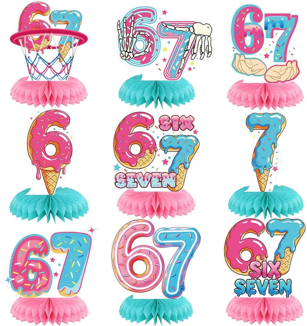 6 7 Birthday Decorations Donut Ice Cream Theme Six Seven Honeycomb Centerpieces Funny 67 Meme Party Table Decor for Kids Teens Adults Meme Lovers Viral Six Seven Birthday Party Supplies