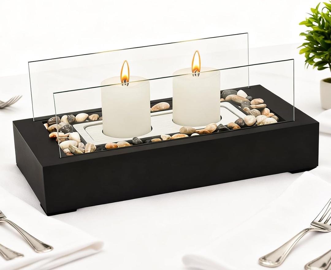 Rectangle Tabletop Hurricane Candleholder with Decorative Stones - Suitable for Dia 2.5" and Below Pillar Candles and Scented Candles, Gift for Dinner Table Centerpiece & Housewareming