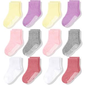 CozyWay Kids Socks With Grippers Non Slip Crew Grip Socks for Girls and Boys Soft Comfy Cotton Unisex - 12 Pack (7-9 Years, Pink & Purple)