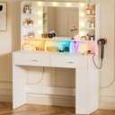 LUCKRACER Vanity Desk with LED Lights Mirror & Charging Station, Makeup Vanity with Storage Drawers and Shelves, Modern Dressing Table for Women Girls Bedroom, Ivory White