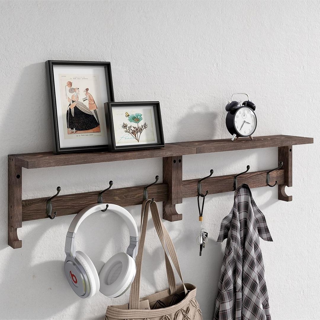 Coat Hooks, Wood Rack Wall-Mounted, 31.5 Inch Entryway Shelf with 10 Hooks (Brown)