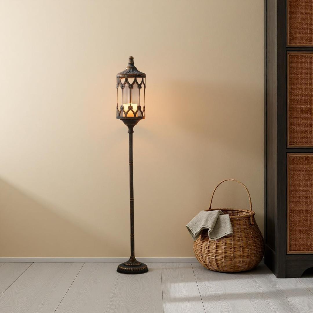 42" Tall Gothic Floor Candle Holder, Vintage Wrought Iron Candelabra with Ornate Cage Lantern, Antique Black Gold Pillar Stand for Home Decor, Wedding & Farmhouse Accent (A2870)