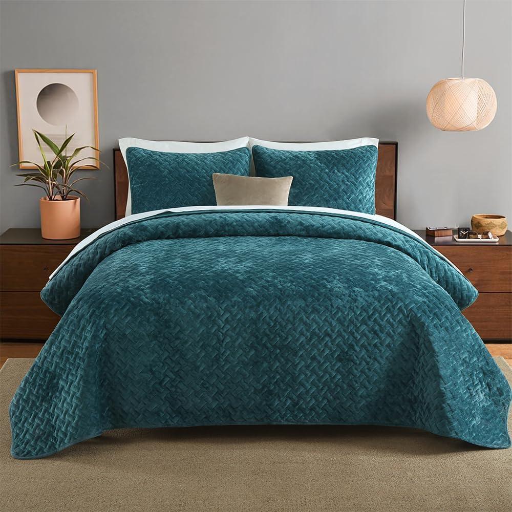 Liians Velvet Bedspread Quilt Bedding Sets, Luxury Elegant Ultra Soft Velvet Comforters Coverlet Blankets, Weave Stitching Pattern Cotton Quilted Bedspread for All Seasons, Teal, King Size