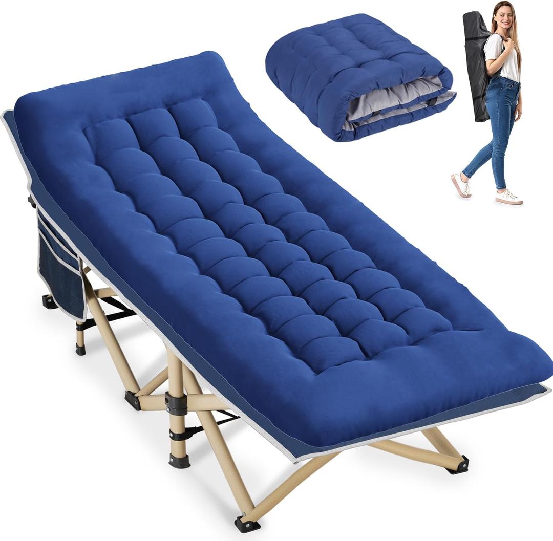 Folding Camping Cot for Sleeping, Portable Cots for Adults, Heavy Duty Cot Bed 550LBS(Max Load), Extra Wider Cots with Large Pocket for Outdoor, Office, Beach (Blue(with Mattress))