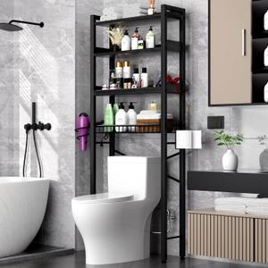 Over The Toilet Storage Cabinet,4 Tier Bathroom Organizer and Storage With Adjustable Shelf Waterproof Feet Pad and Basket Multifunctional Space Saver Freestanding Bathroom Shelves With Dividers Black, Large