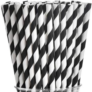 ALINK 100 Black and White Striped Paper Straws, Biodegradable Disposable Drinking Straws for Halloween, Christmas, Brithday, New Year, Party Decoration Supplies (Black Stripes)