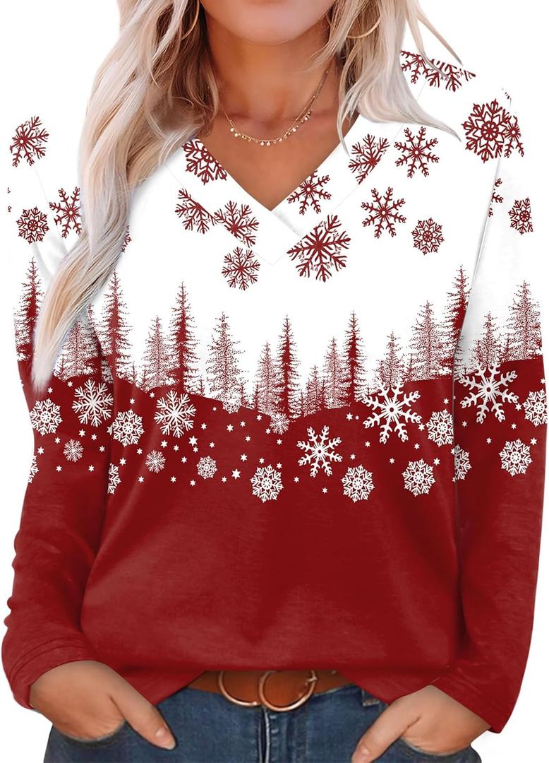 XIEERDUO Long Sleeve Shirts for Women V Neck Fall Tops Basic Tunic Tops Loose Fit Dressy 2025 (Small, Christmas Print)