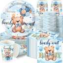 Hushee 200 Pcs Blue Bear Baby Shower Paper Plates Napkins Cups Baby Shower Party Supplies Tableware Set Bear Theme Disposable Cup Napkin for 50 Guest Boy Sets Spring Party Decoration Boy Girl