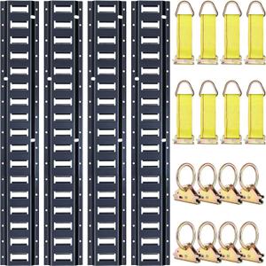 Trekassy 10ft E Track Tie-Down Rail Kit, 4 Pack 10' Etrack Rails with 16PCS E-Track Accessories Including 8 Steel O-Ring Anchors and 8 Rope Tie Offs for Truck Bed, Trailers (Black)