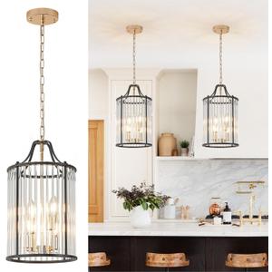 Black Gold Pendant Light Modern Glass Small 4-Light Pendant Chandelier 9.8'' for Kitchen Island Industrial Cage Ceiling Hanging Lighting for Dining Room Entryway Hallway