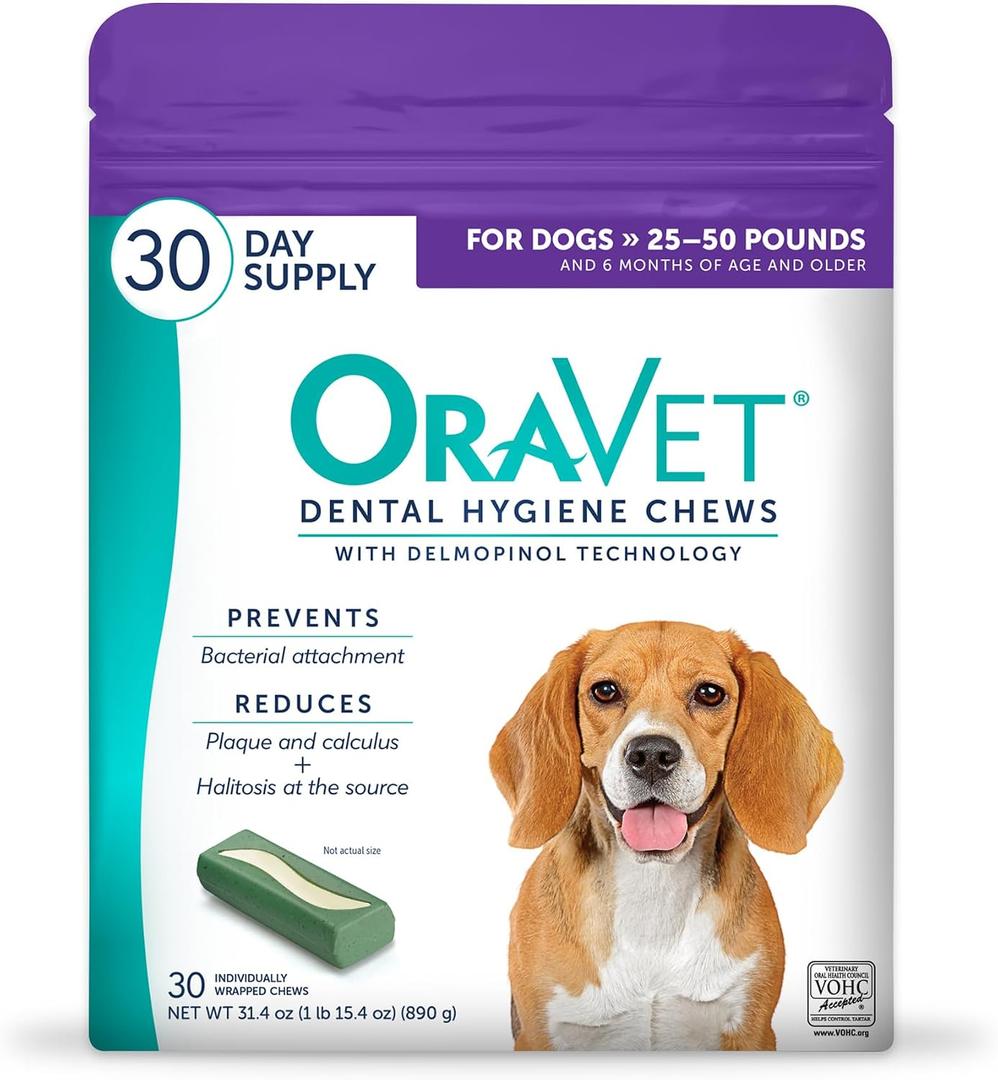 ORAVET Dental Chews for Dogs, Oral Care and Hygiene Chews (Medium Dogs, 25-50 lbs.) Purple Pouch, 30 Count (EXP 10/22/27)