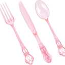 150PCS Pink Plastic Silverware - Heavy Duty Elegant Disposable Utensils - Vintage Baroque Cutlery Set Disposable Includes 50Forks, 50Spoons, 50Knives for Dinner Party Wedding Mother's Day