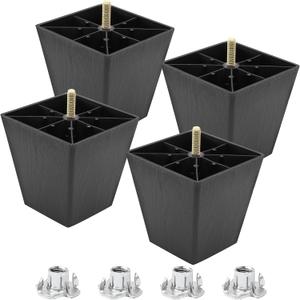 Luomorgo 4 Pcs 4 Inch Plastic Table Legs, Black Tapered Furniture Legs, Square Sofa Replacement Legs M8 Threaded with T-Nuts, Heavy Duty Furniture Legs for Couch, Cabinets, Dressers, Chair