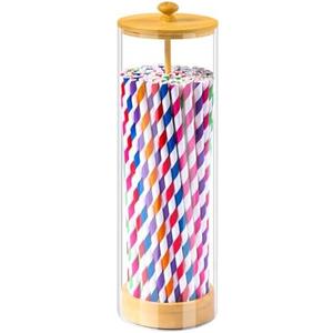 VEGEVIGI Acrylic Straw Holder For Counter With Bamboo Lid, Straw Dispenser Organizer For Home, Clear Plastic Drinking Straw Storage Container