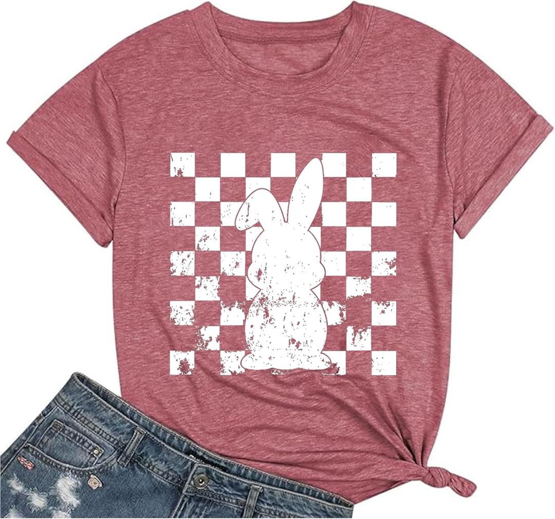 Easter Bunny Shirt for Women - Cute Graphic Tee with Bunny Easter Eggs, Funny Casual T-Shirt for Spring Tops (Pink, XL)