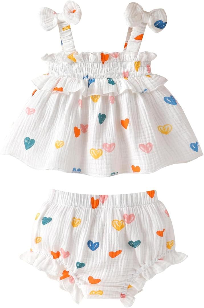 Infant Toddler Baby Girl Summer Cotton Clothes Strap Ruffle Smocked Top and Shorts 2Pcs Outfit Clothing Set