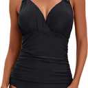 KI LAPHEE One Piece Bathing Suit for Women Tummy Control Swimsuits V Neck Ruched Cross Back Self Tie (Black)
