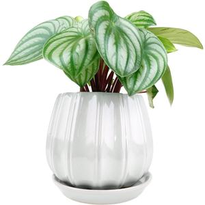 Ceramic Planters, 6 inch Grey Glazed Ceramic Contour Planter, Planter with Drainage Hole and Saucer, Indoor Outdoor Plant Pot for Houseplants, Unique Modern Decorative Planters
