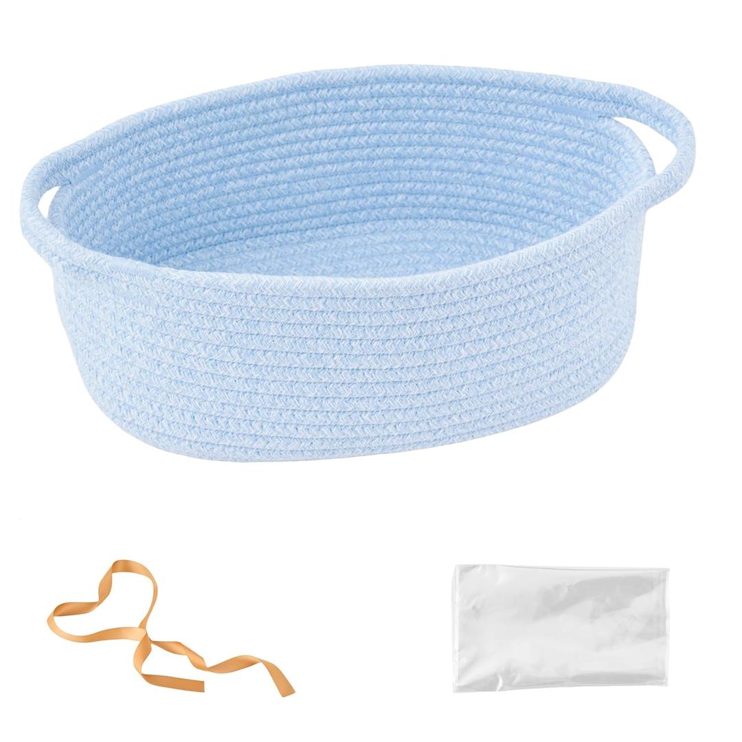 Woven Basket with Handles, Empty Gift Basket with Wrap Bag and Ribbon, Cute Toy Organizer, Burr Basket for Birthday Baby Showers Valentines Day  12"x8"x5", Small, Blue