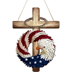 4th of July Patriotic Door Decor Cross Eagle Wreath Red White Blue 250th Anniversary Wreath Wooden Hanging Sign for American Independence Day, Memorial Day.