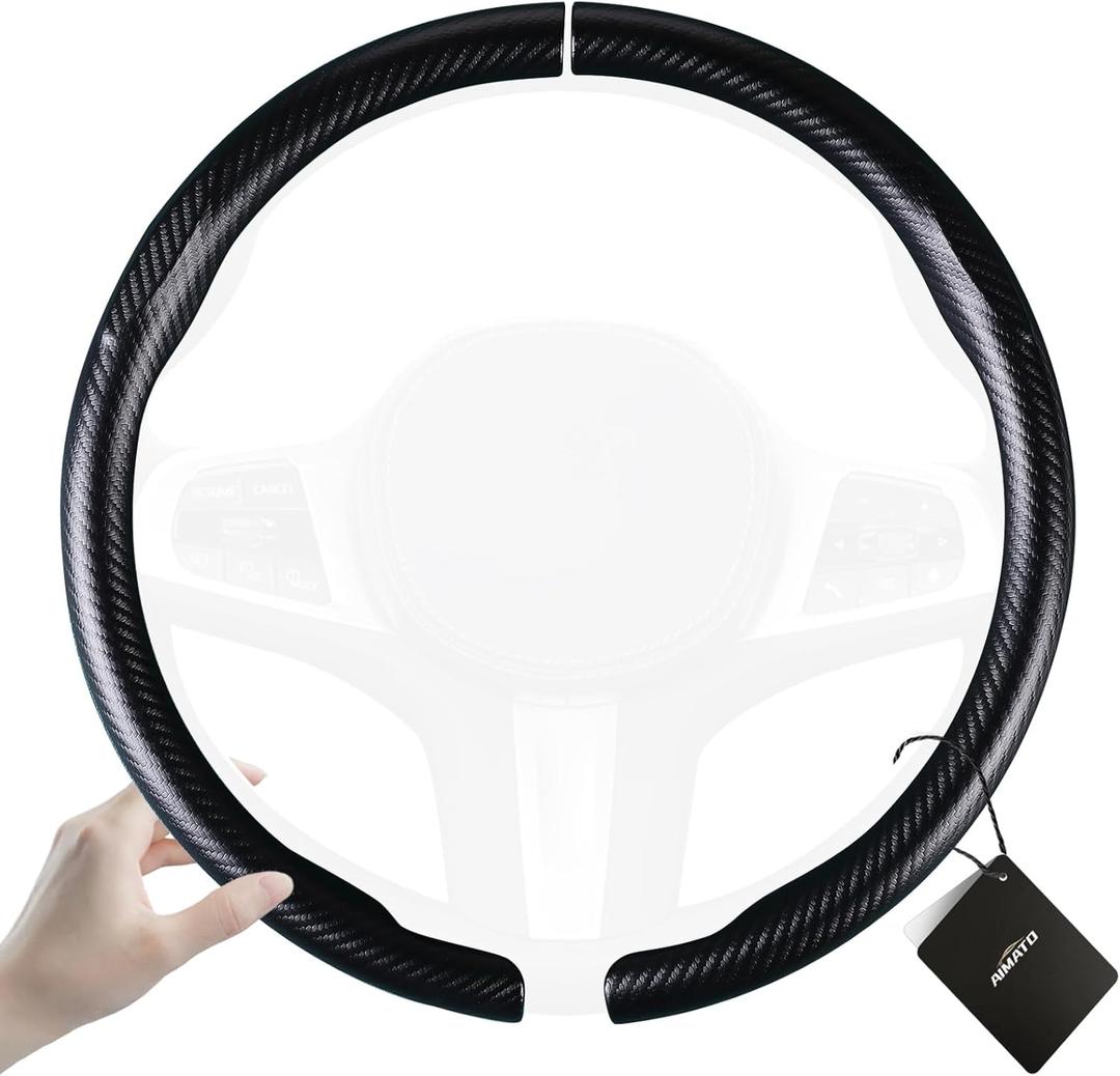 Aimato Carbon Fiber Steering Wheel Cover 2 Piece Non-Slip Clip on Steering Wheel Cover,Ultra-Thin Breathable,Universal Fit 14.5"-15" Wheel,Matte Black