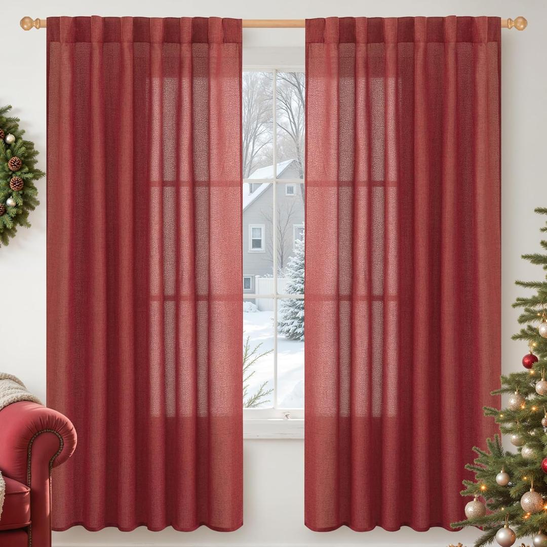 YoungsTex Burgundy Red Linen Curtains for Living Room 72 Inches Long - Light Filtering Drapes with Back Tab Rod Pocket Privacy Semi Sheer for Bedroom Windows, 2 Panels 52 X 72 Inch