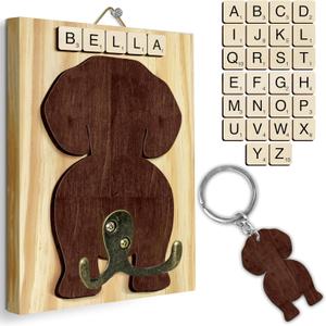 Beagle Dog Leash Holder Wall Mount with Scrabble Letters, Wooden Dog Wall Hook Organizer, Pet Collar and Harness Hanger for Entryway, Key Hook Gift for Pet Lovers, Home Decoration PF297-8