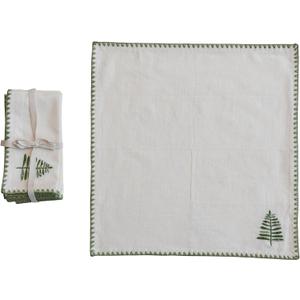 Creative Co-Op Cotton Napkins with Embroidered Tree and Edge, Natural and Green, Set of 4