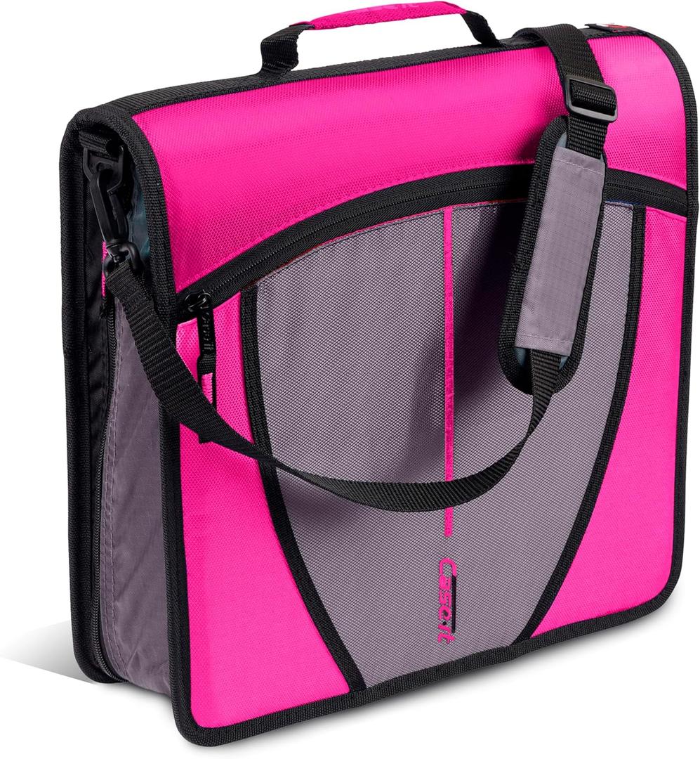 Case-it Mighty Zip Tab School Zipper Binder | 3-Inch O-Rings, 600-Sheet Capacity, 5-Subject Expanding File Folder, Multiple Pockets & Storage Organizer, Shoulder Strap | D-146 Magenta