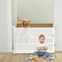 No Drill Retractable Baby Gate for Stairs - White Baby Gate 55 inches Wide 34 inch Tall, Mesh Retractable Dog Gate for Stairs, doorways, Hallways, Deck, Outdoor, Indoor, Kitchen, & Porch